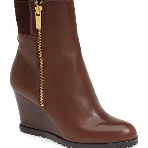 NEW MICHAEL KORS brown w Gold  Leather Ankle  Aileen Wedge Boots 11 - Picture 1 of 12